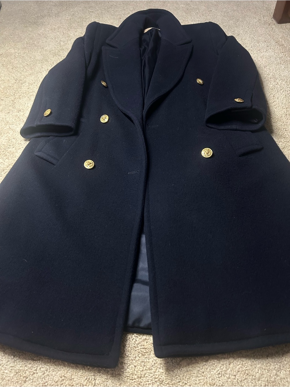 Perry Ellis Portfolio Navy Double Breasted Long Coat Gold Buttons